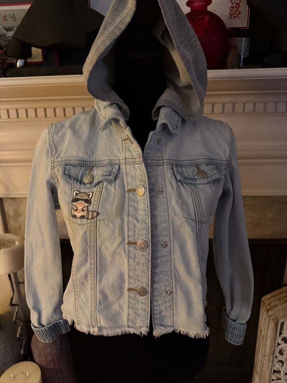 Cat & Jack Girls Light Wash Denim Jacket with Hood and Raccoon Graphic Patch